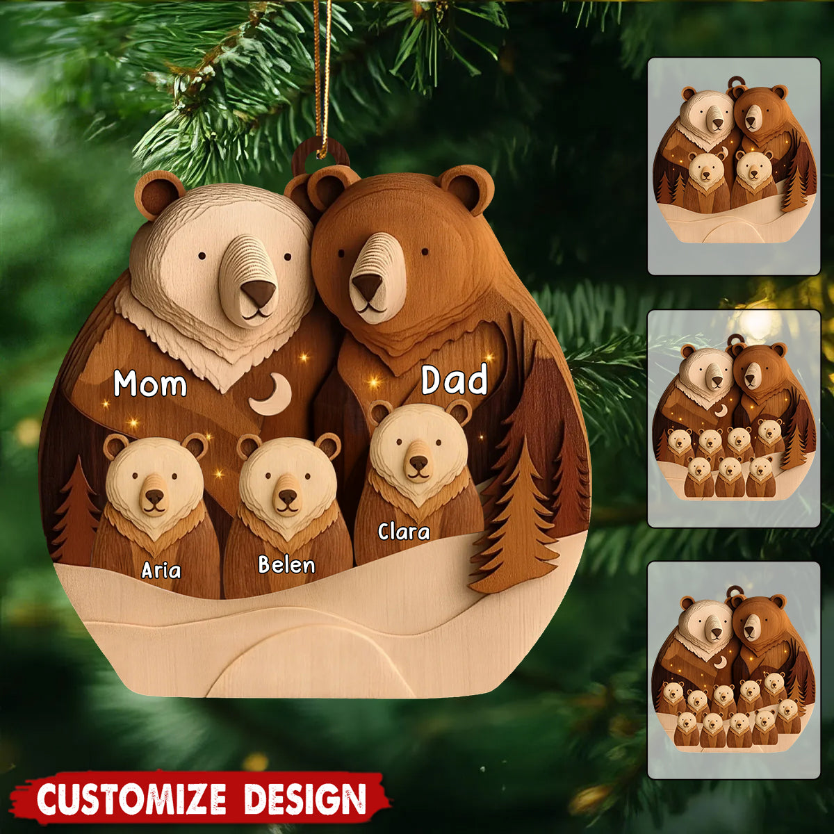 Personalized Bear Family Woodland Wooden Christmas Ornament - Gift for Family
