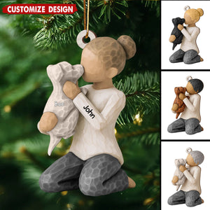 Personalized Boy Girl Hugging Dog Wooden Christmas Ornament - Gift For Dog Lovers