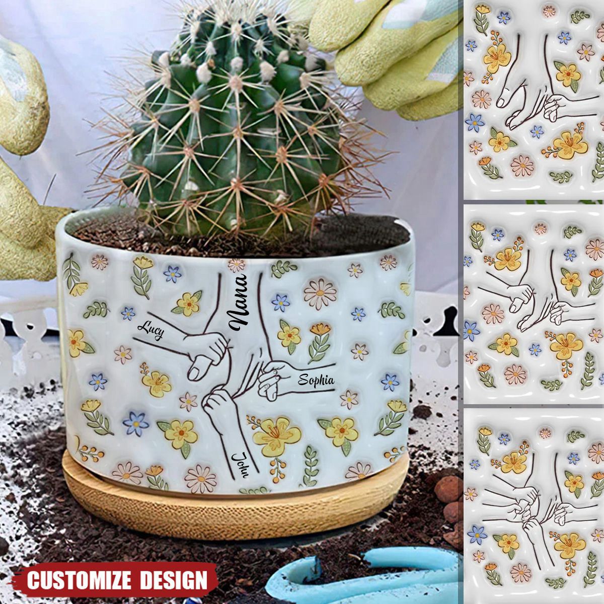 nan plant pot Floral Mom/Nana Hands Together- Personalized Ceramic Plant Pot