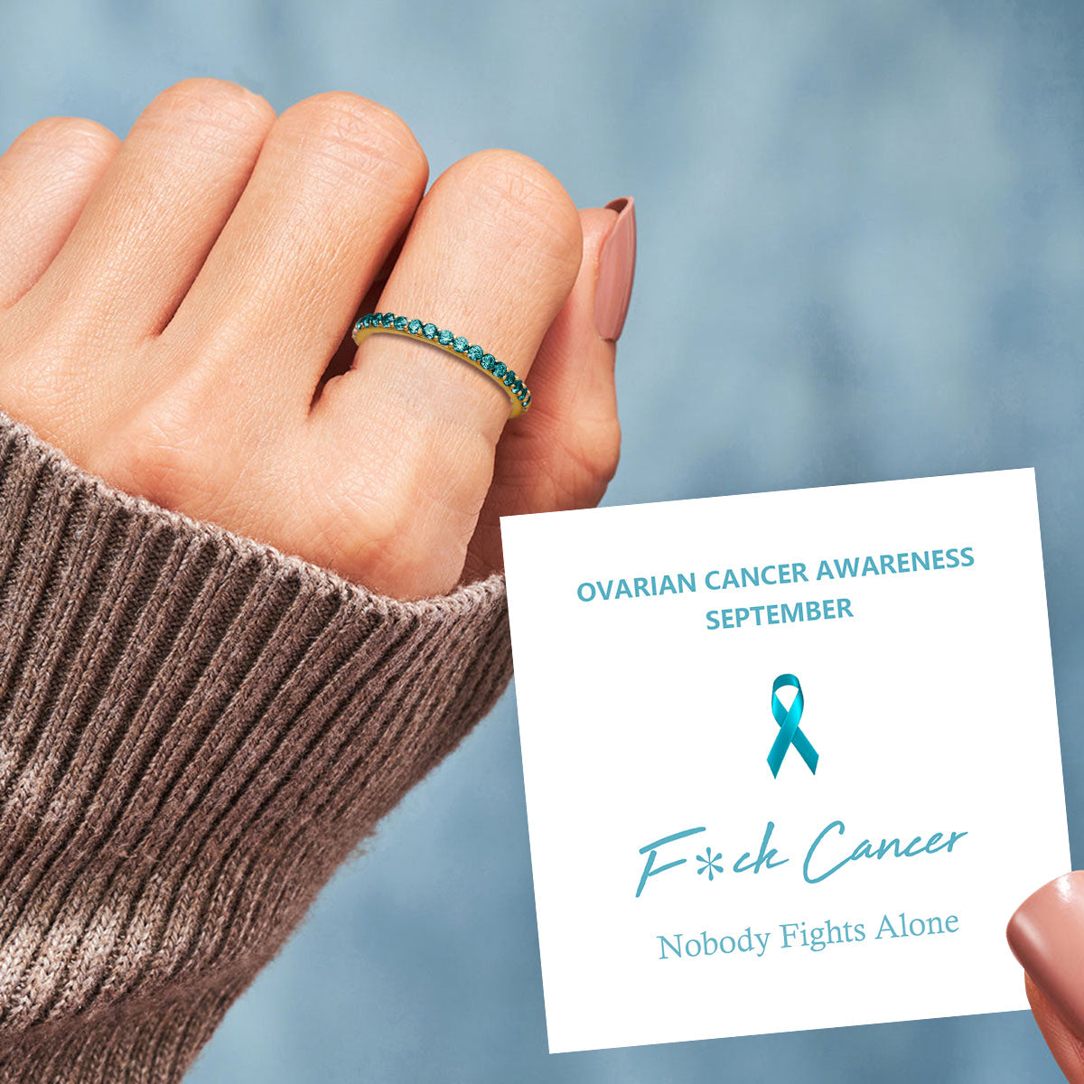 F*ck Cancer Nobody Fights Alone- Teal Diamond Ovarian Cancer Ring
