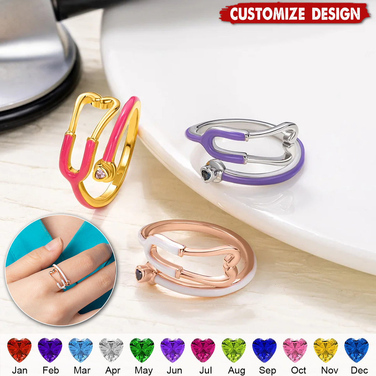 Personalized Heart Birthstone Ring Nurses Week - Appreciation Gift for Medical Staff