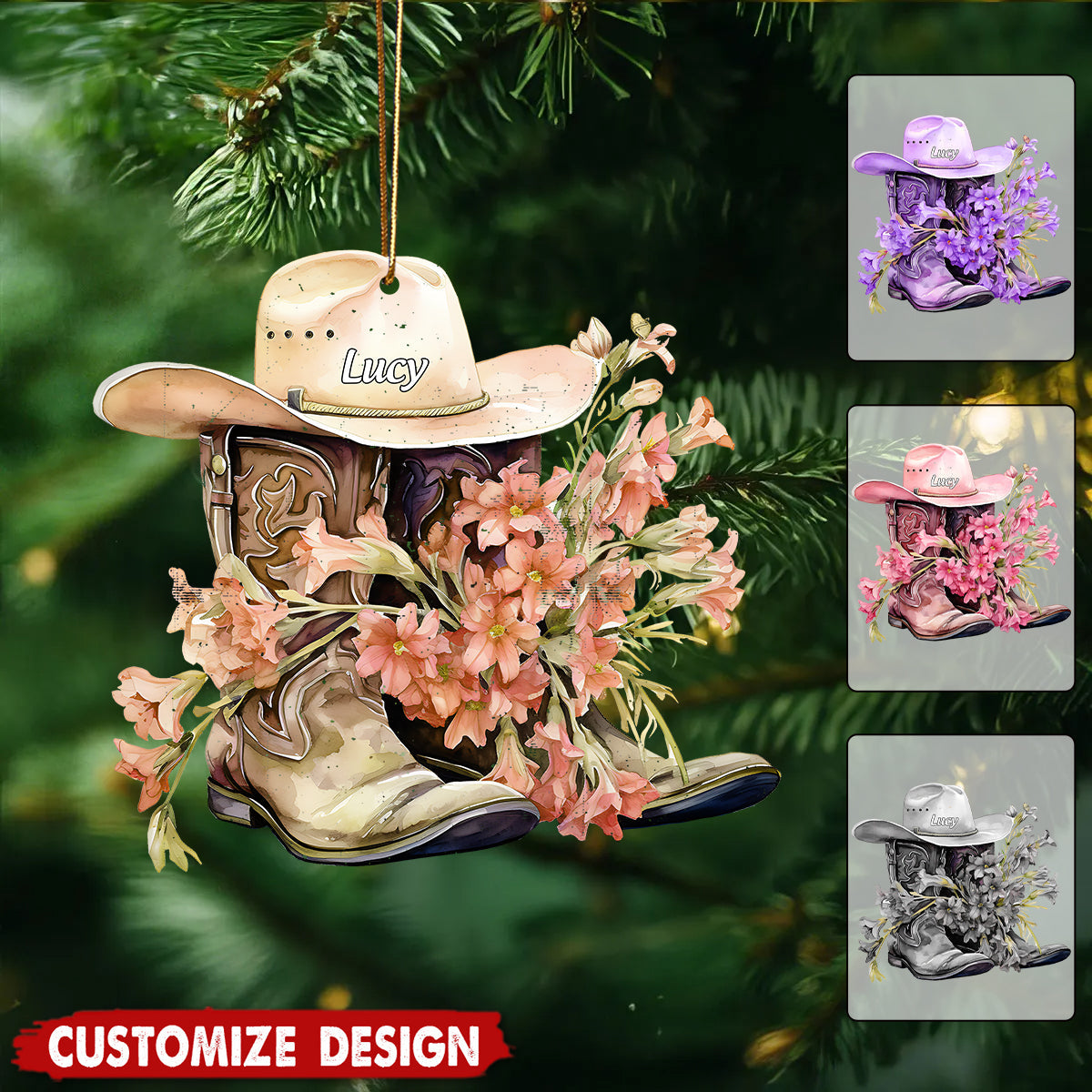 Personalized Boots And Hat With Flower Cowgirl / Cowboy Christmas Ornament