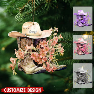 Personalized Boots And Hat With Flower Cowgirl / Cowboy Christmas Ornament