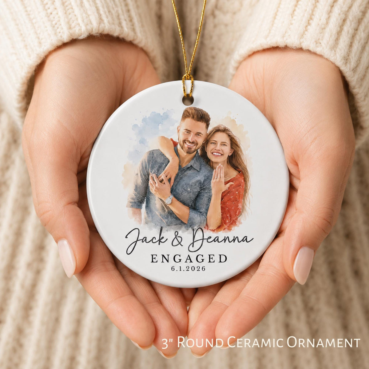 Personalized Engagement Ornament from Photo, Custom Watercolor Couple Portrait Gift for Newly Engaged Couple