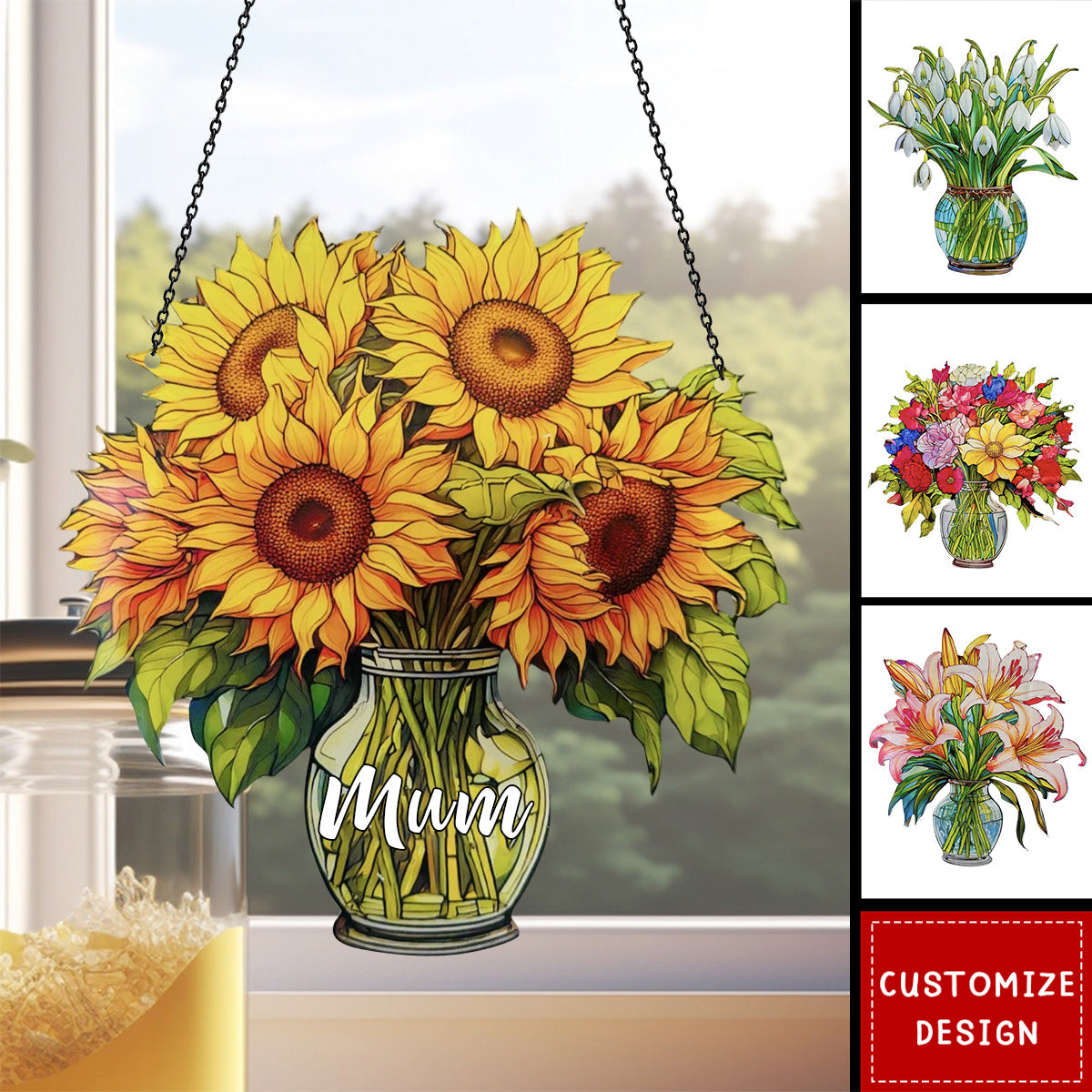 Everlasting Flower in Vase - Personalized Window Hanging Suncatcher Ornament