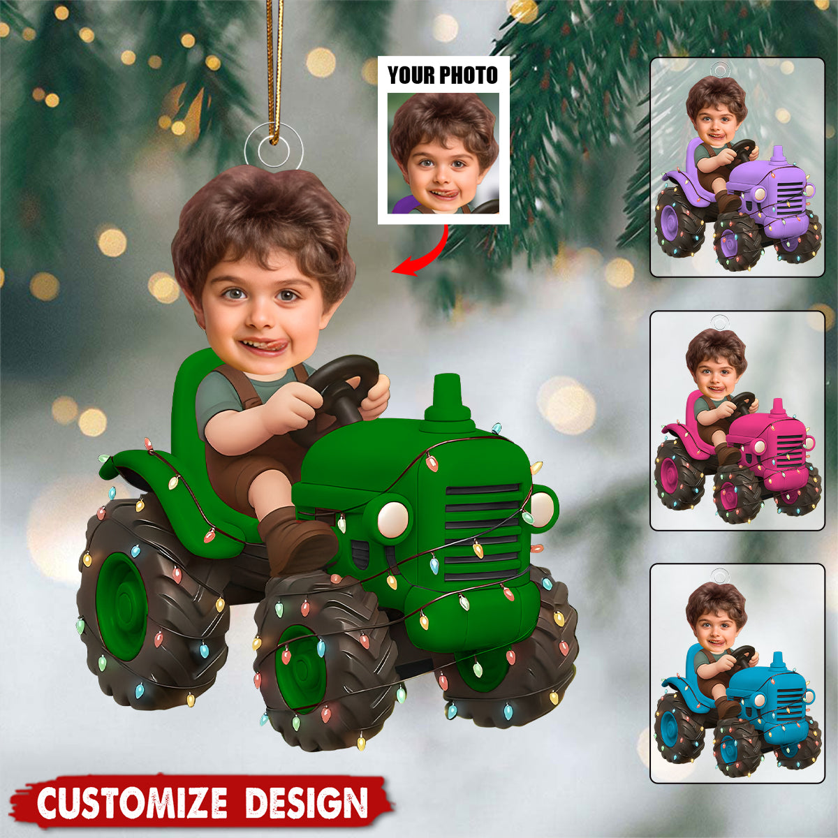 Personalized Tractor Christmas Ornament – Custom Photo Acrylic Ornament for Kids, Farm Truck Holiday Gift, Cute Boy Christmas Decor