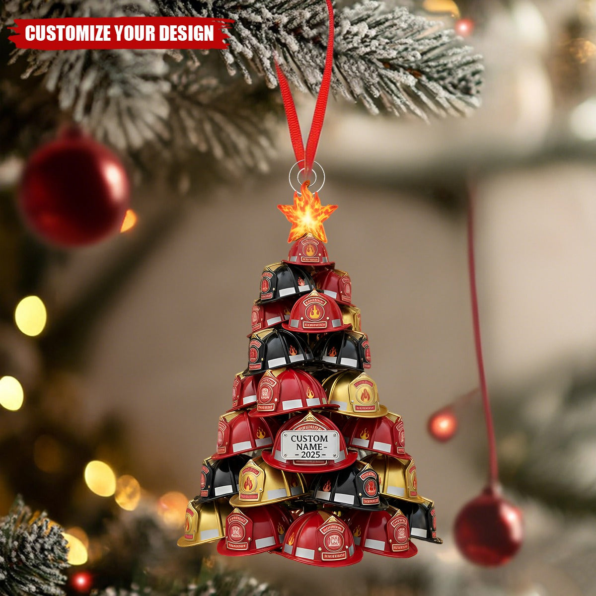Personalized Firefighter Helmet Tree Christmas Ornament, Gift For Firemen