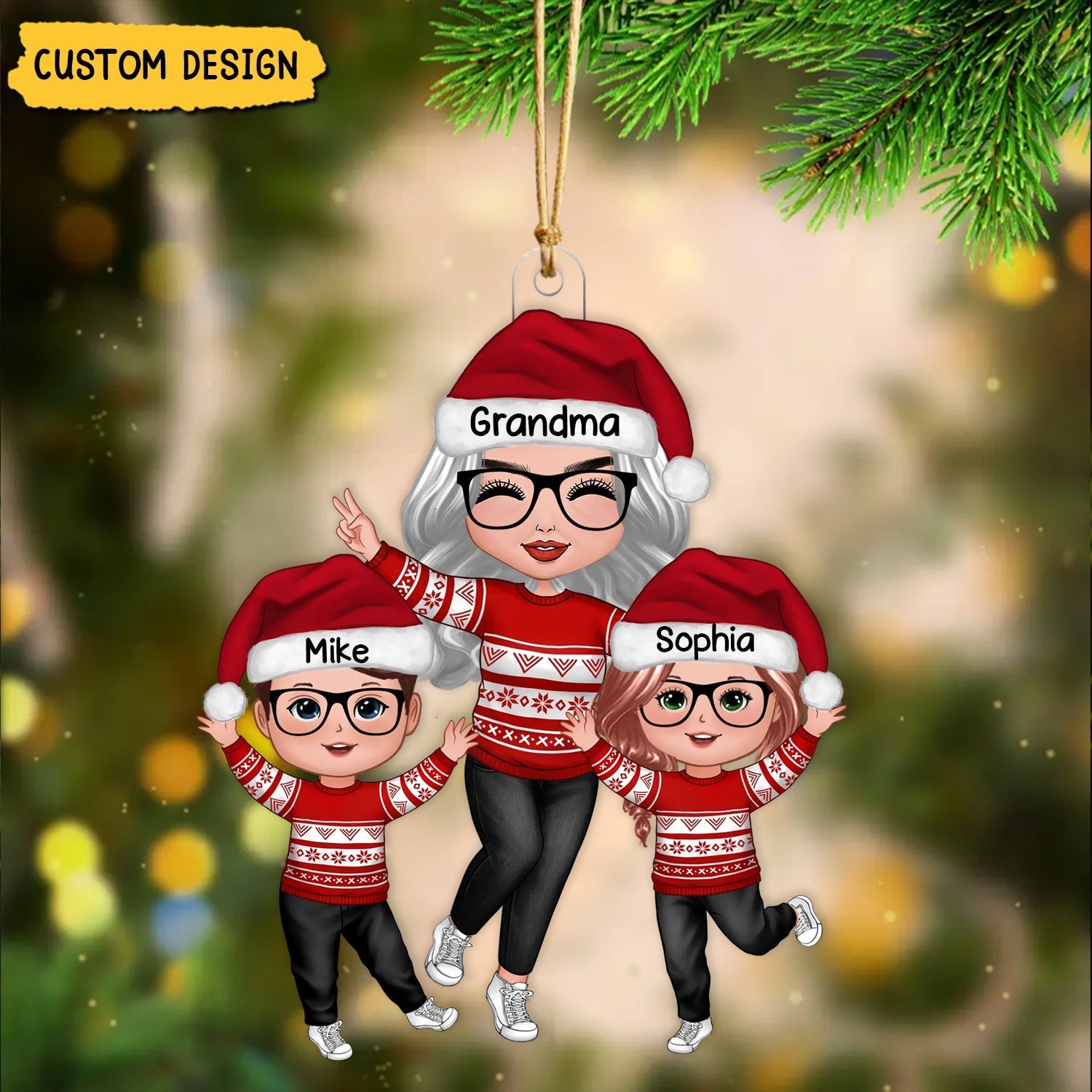 2025 New Release - Happy Christmas Doll Grandma With Grandkids Personalized Acrylic Ornament, Gift For Granddaughter Grandson