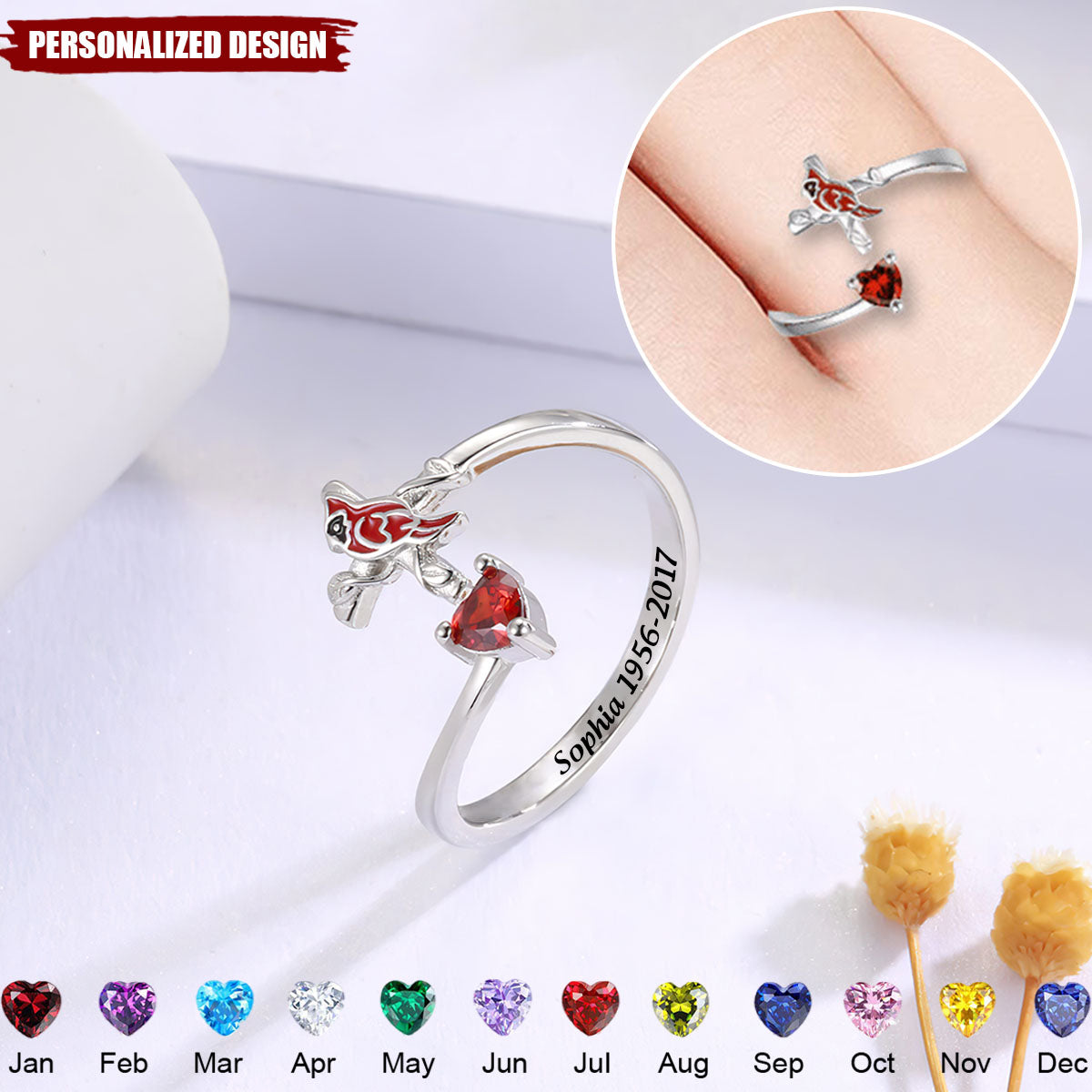 Red Bird Cardinal Cross-Personalized Memorial Ring-Gift for Family Or Friends