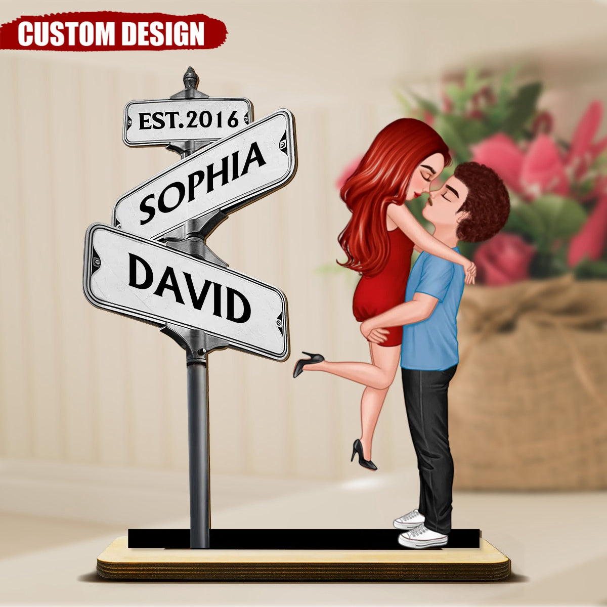 Personalized Standing Wooden Plaque With Couple & Custom Street Signs, Anniversary Gift For Couple