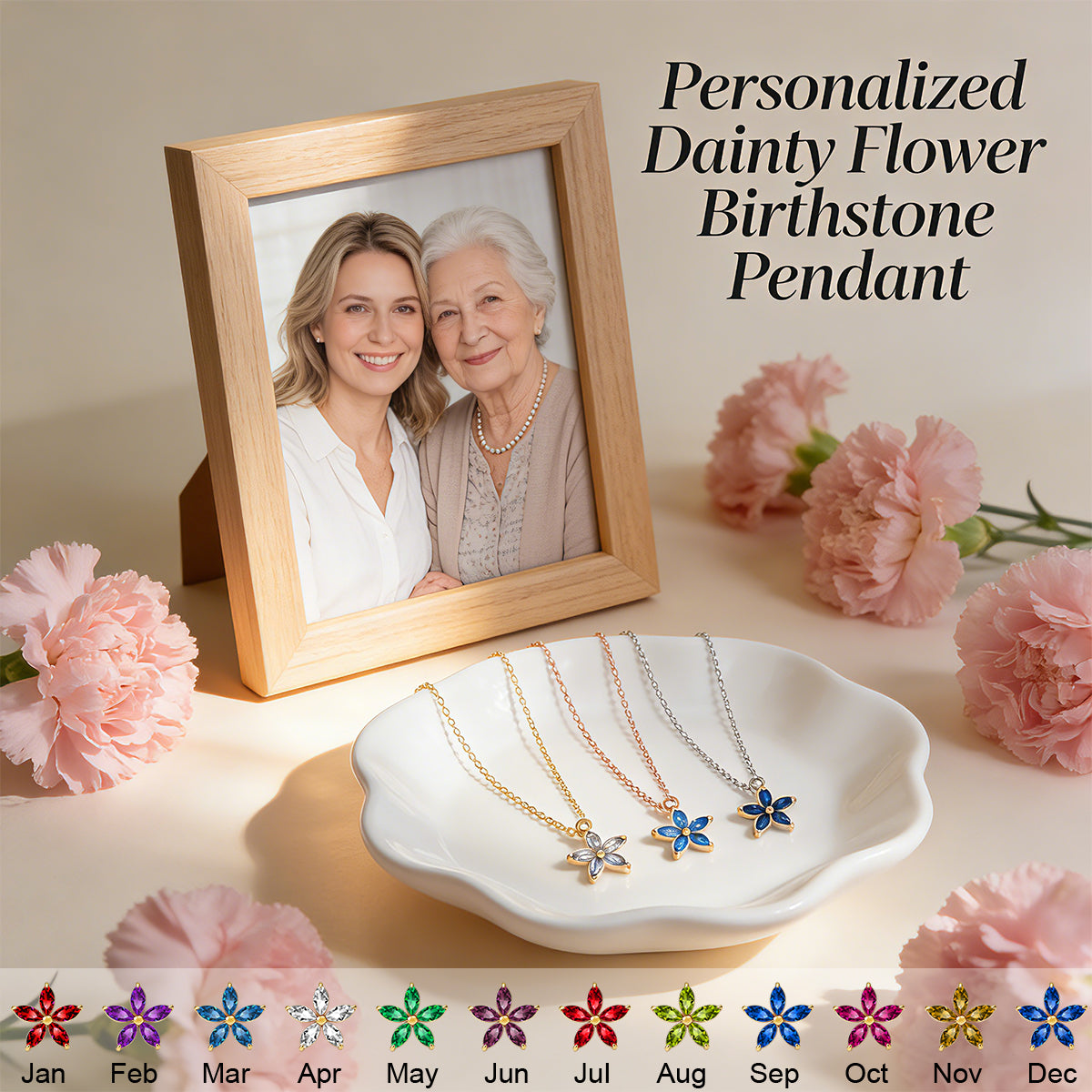 Personalized Dainty Flower Birthstone Pendant -Gift For Family Holiday