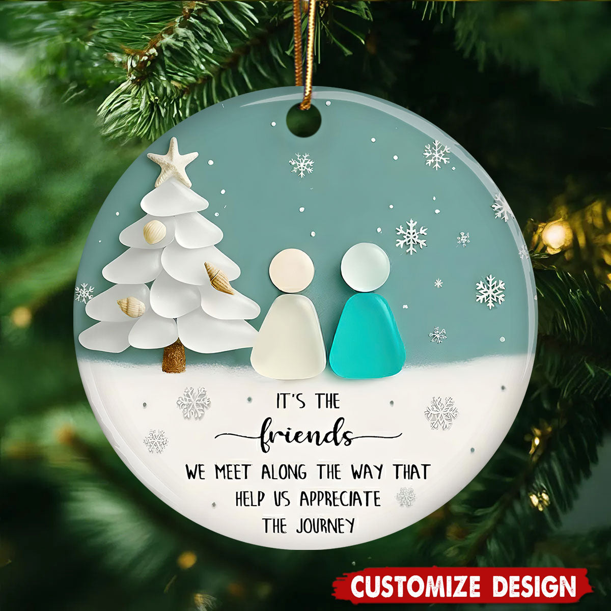 Ceramic Friends Christmas Ornament, Sea-Glass Figures Winter Tree & Snowflakes, Heartfelt Friendship Quote Keepsake, Best Friend Gift 2025