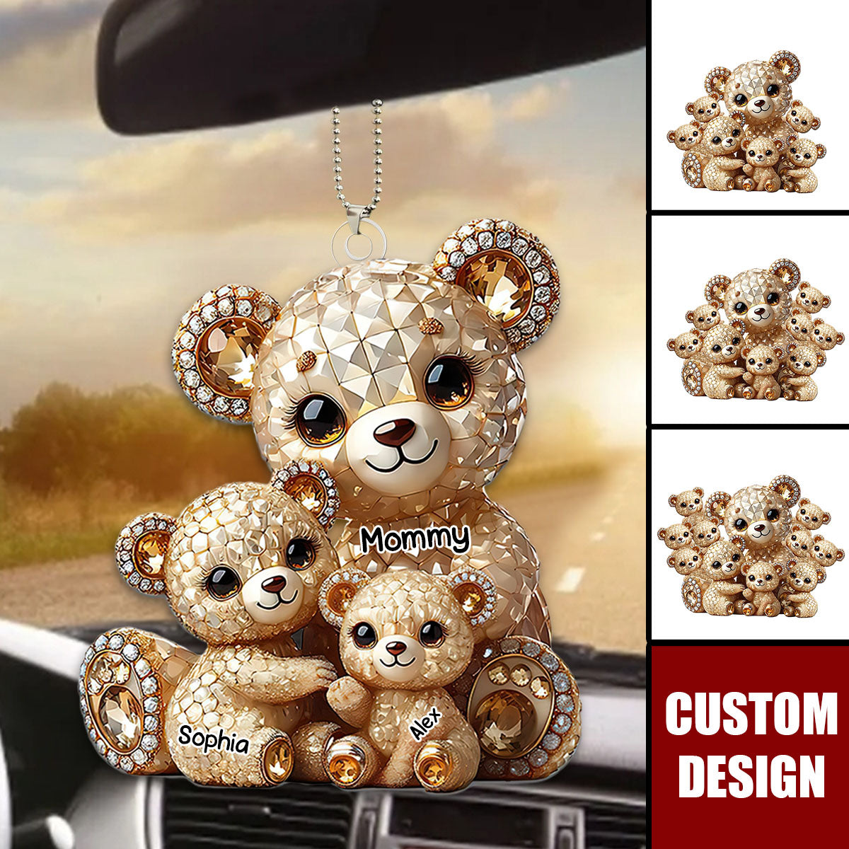 Mom I Love You - Personalized Bear Mom With Kids Car Ornament, Mother's Day Gift