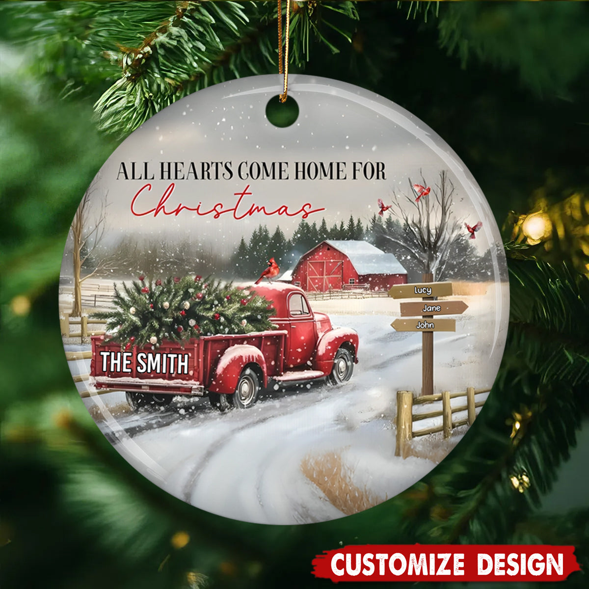 Personalized Coming Home For Christmas Family Red Truck Ceramic Ornament