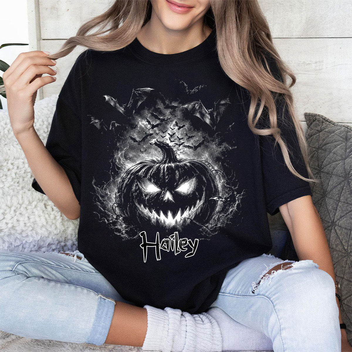 Personalized Spooky Pumpkin Bat T-Shirt - Gift For Halloween Lovers Family Friends