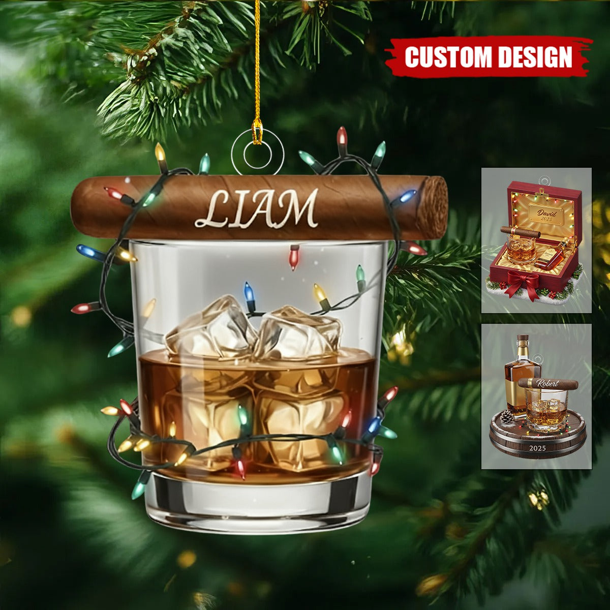 Personalized Whiskey Glass and Cigar Ornament –  Gift for Dad/Husband