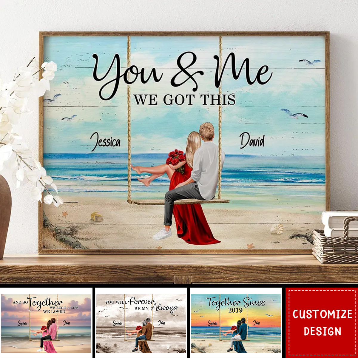 Couple On Swing Beach Landscape Retro Personalized Couple Poster - Anniversary Gift For  Wife,Husband