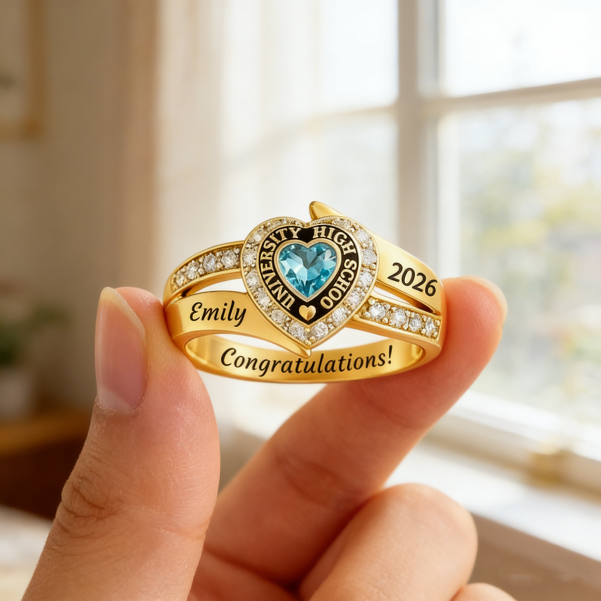 Personalized Engraved Heart Birthstone Graduation Ring Gift for Graduates