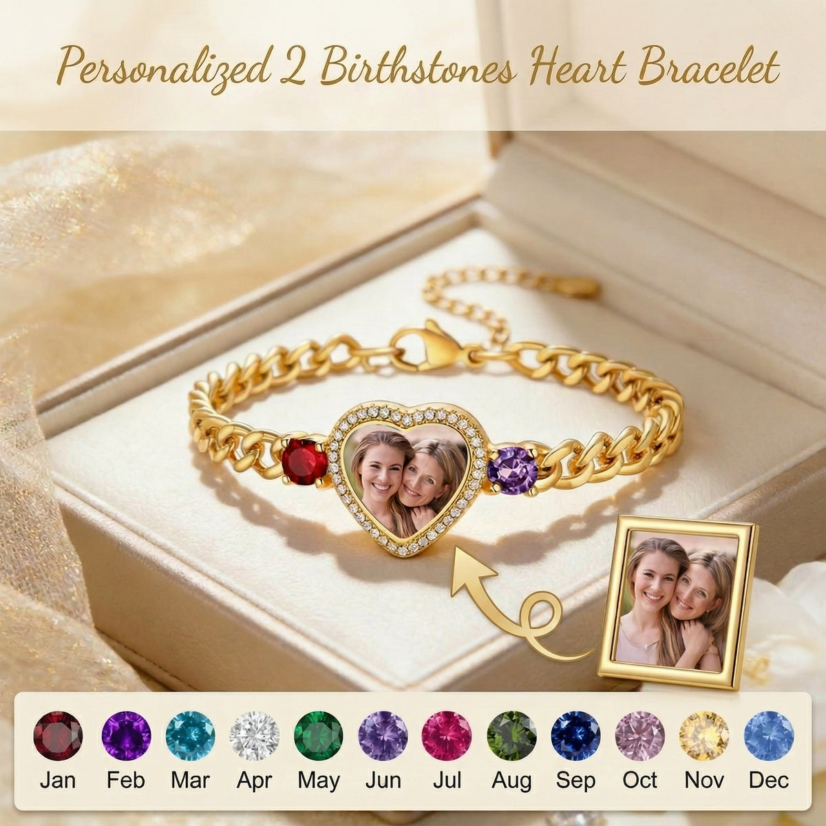 Personalized Heart Photo 2 Birthstones Bracelet - Gift For Mom Wife Grandma