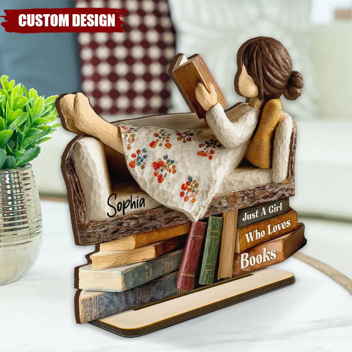 Personalized Man Woman Book Lover Reading Book On Sofa Wooden Plaque