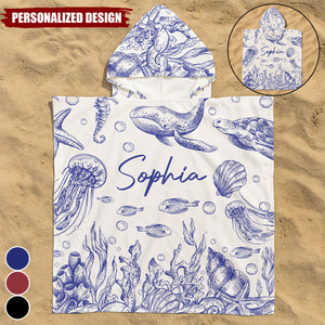 Under The Sea Toile De Jouy-Personalized Kids Hooded Towel