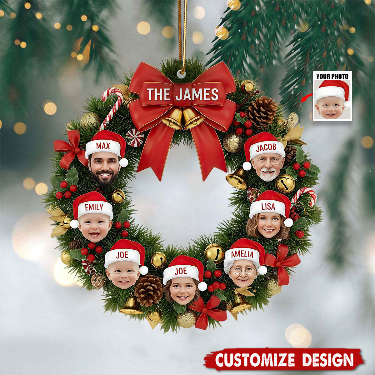 Personalized Family Wreath Photo Christmas Ornament