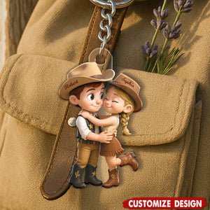 Cartoon Style Countryside Couple Cowboy Cowgirl Personalized Keychain