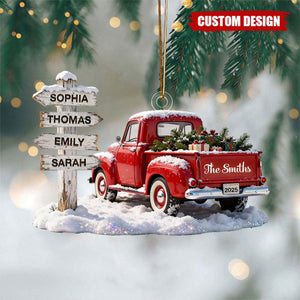 Personalized Red Truck Family Sign Posts Ornament