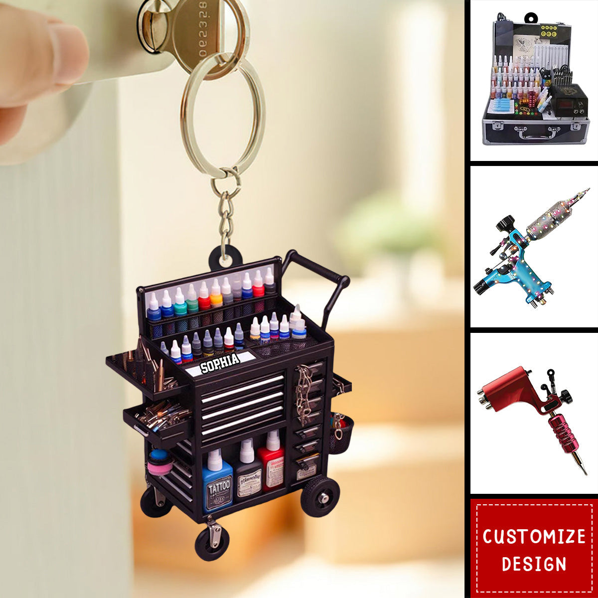 Porte-clés Miniature Machine à Tatouer - Alliage Zinc, 14,5x4 Cm, Avec Bobines Réalistes, Ornement Ou Cadeau Fan Tatouage - 8