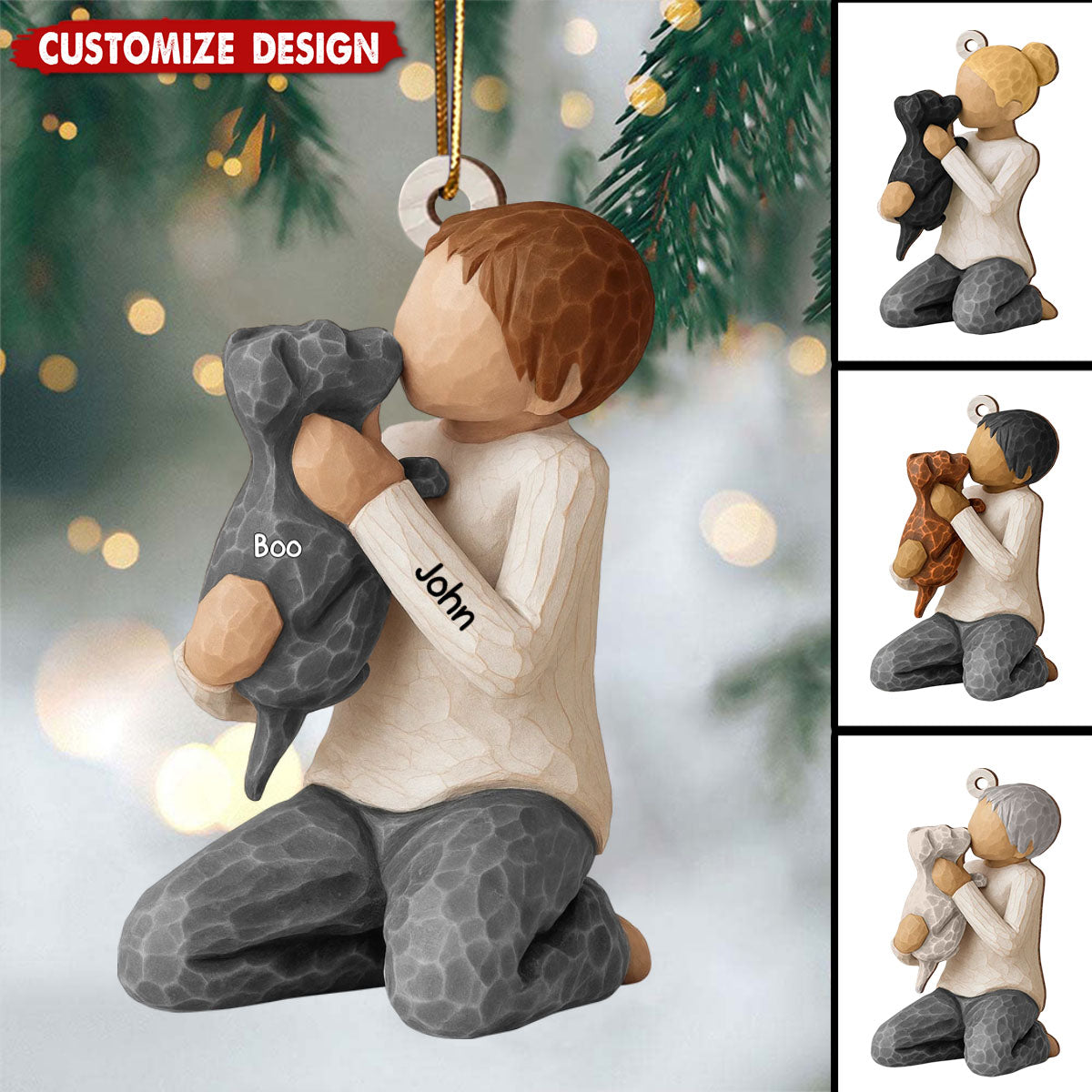 Personalized Boy Girl Hugging Dog Wooden Christmas Ornament - Gift For Dog Lovers
