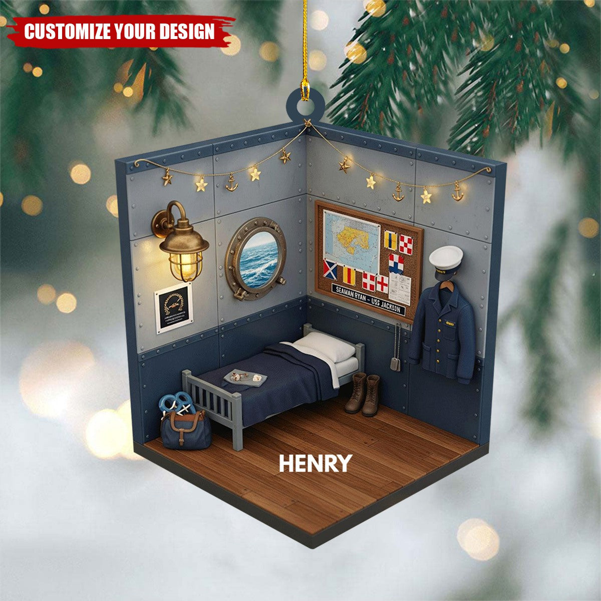 Military Christmas Ornament-Patriotic Soldier Uniform, Flag & Rifle-Personalized Patriotic Christmas Tree Acrylic Ornament