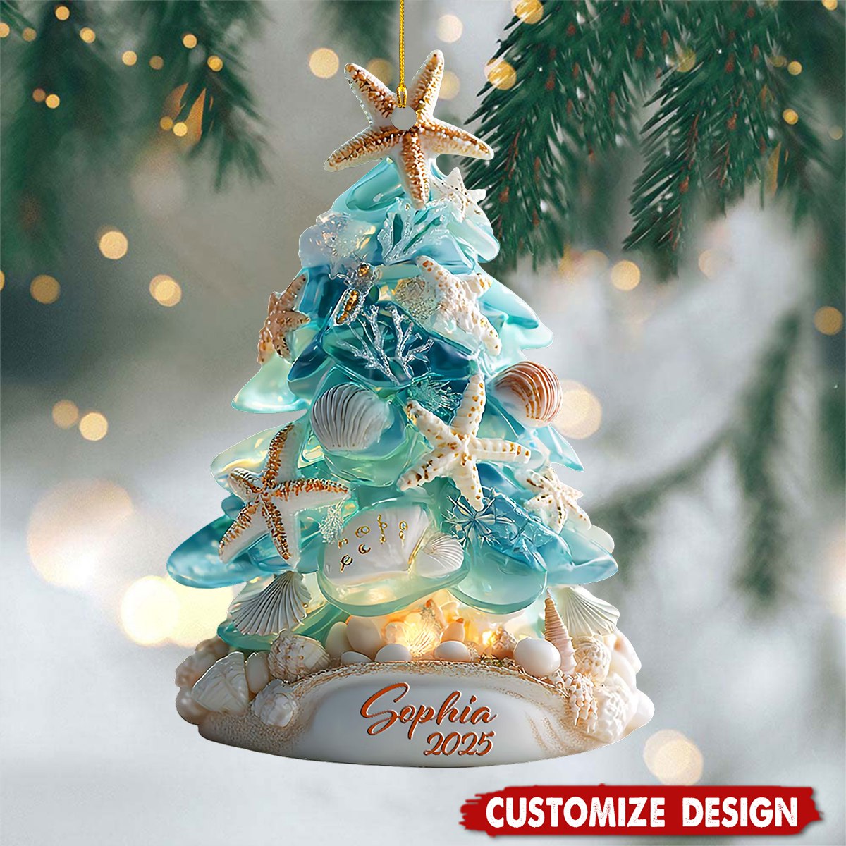 Personalized Beach Christmas Ornament, Coastal Christmas Tree With Shells