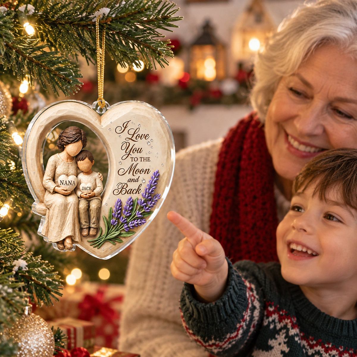 Grandma Loves to the Moon and Back - Personalized Acrylic Ornament - Christmas Gift for Granddaughter Grandson