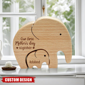 Wooden Mom And Baby Elephant - Personalized Elephant Wooden Puzzle, First Mother's Day Gift