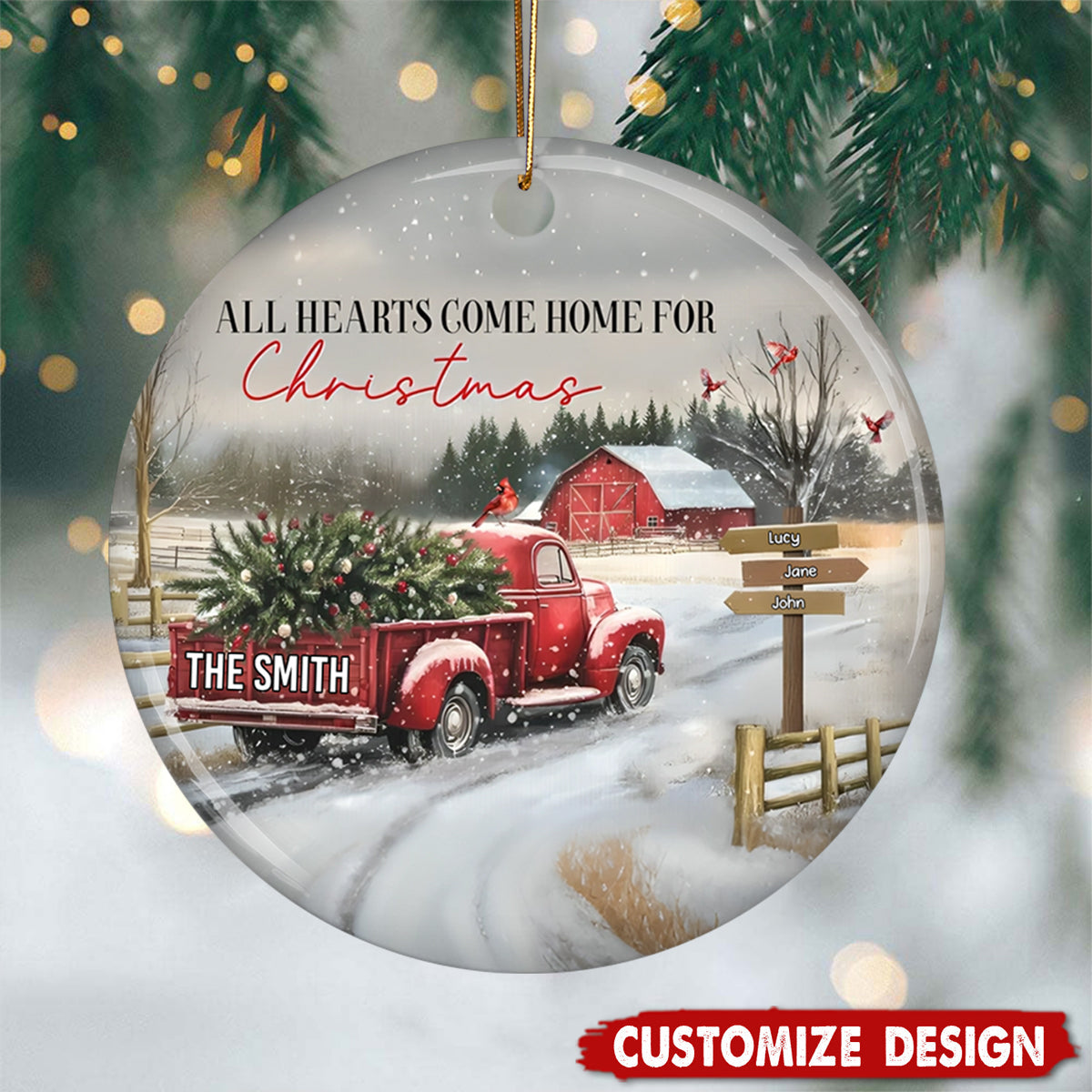 Personalized Coming Home For Christmas Family Red Truck Ceramic Ornament