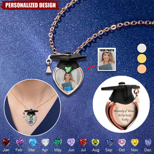 Personalized Dainty Grad Cap Zircon Heart Birthstone Necklace-Graduation Gift