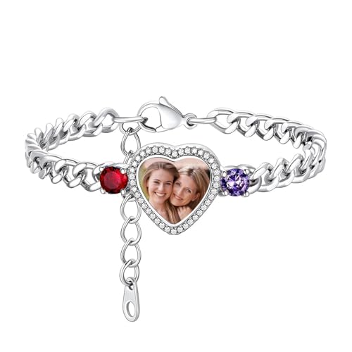Personalized Heart Photo 2 Birthstones Bracelet - Gift For Mom Wife Grandma