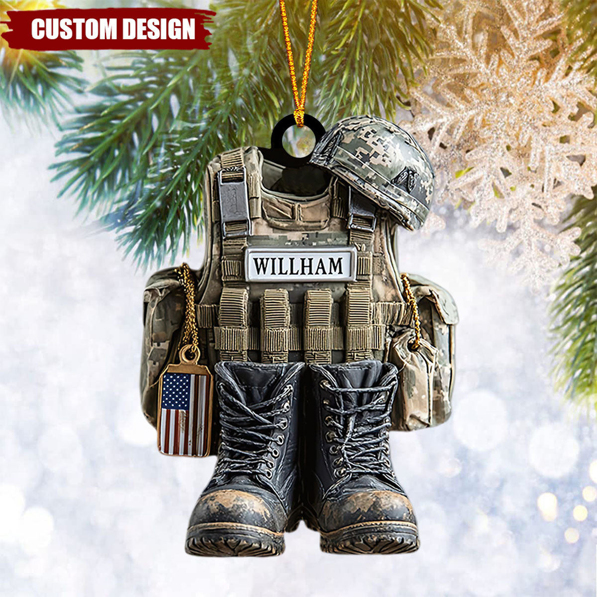 Military Uniform Ornament, Boots & Helmet Personalized Flat Ornament, Custom Veteran Ornament, Military Xmas Gift For Dad, 2D Flat Ornament