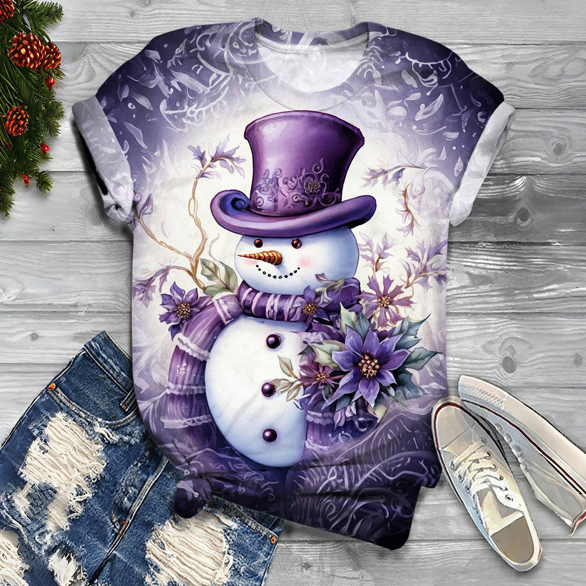 Purple Snowman Crew Neck T-shirt,V-Neck Long Sleeve Top,Long Sleeve Top