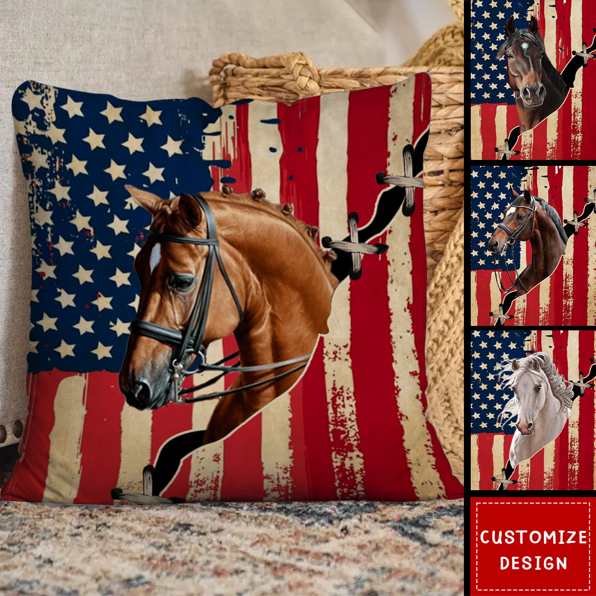 Personalized America Flag Horse Pillow - Gift For Horse Lovers