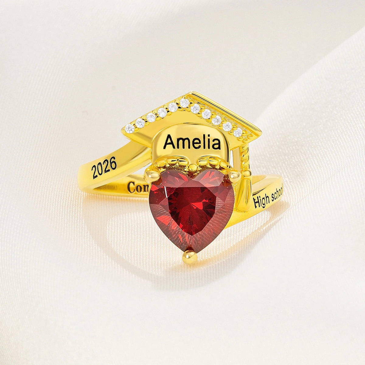 Personalized Zircon Grad Cap Heart Birthstone Ring - Dainty Jewelry Birthday Graduation Gift for Women Graduates
