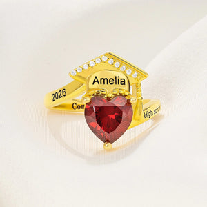 Personalized Zircon Grad Cap Heart Birthstone Ring - Dainty Jewelry Birthday Graduation Gift for Women Graduates