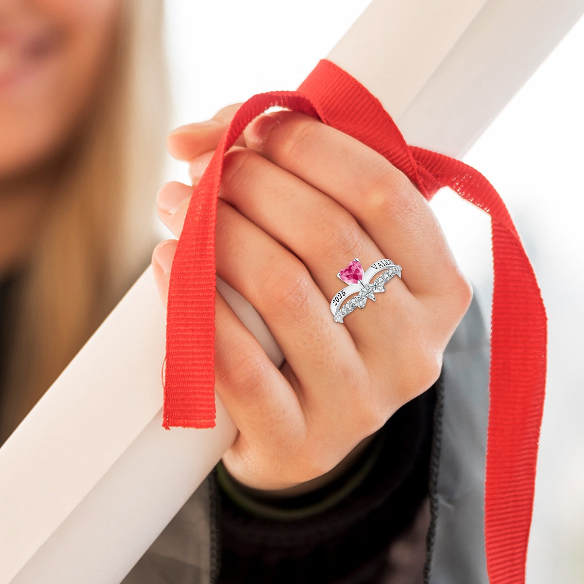 Personalized Engraved Graduation Flowered Heartbeat Birthstone Ring, Graduation Gift