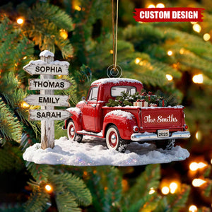 Personalized Red Truck Family Sign Posts Ornament