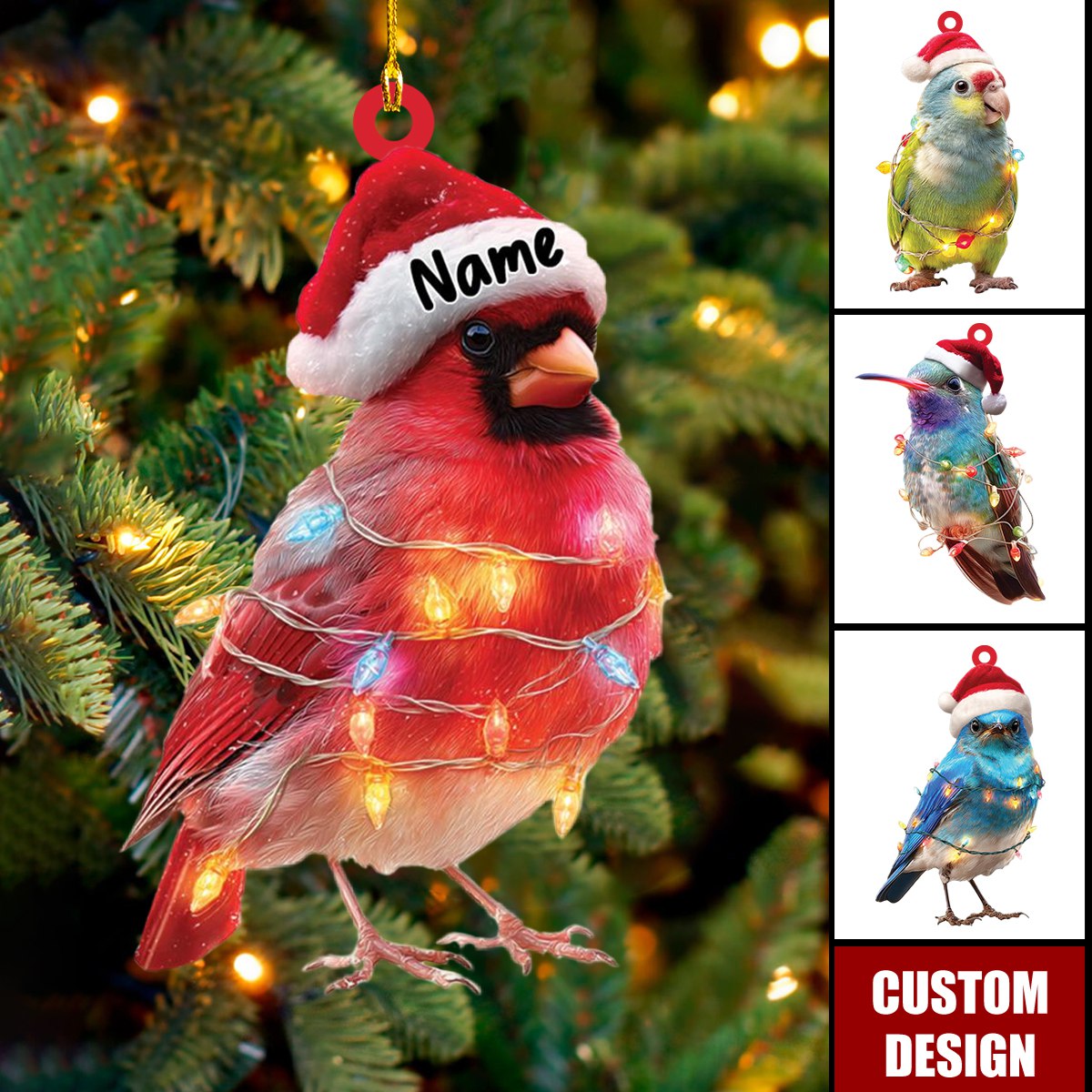 Personalized Bird Ornament Christmas Gift, Custom Name Bird Ornament with Santa Hat, Holiday Tree Decoration for Bird Lover