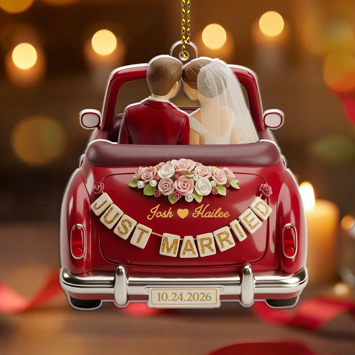 Personalized Just Married 2D Flat 2 Layer Ornament, Couple Newlywed Gift