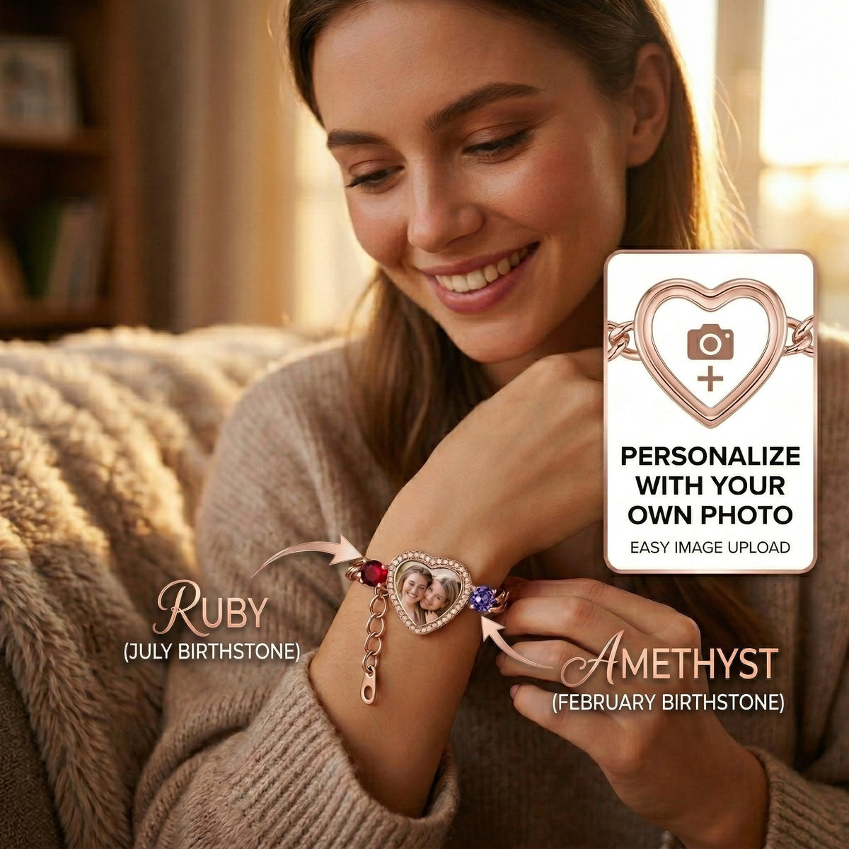 Personalized Heart Photo 2 Birthstones Bracelet - Gift For Mom Wife Grandma
