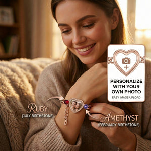 Personalized Heart Photo 2 Birthstones Bracelet - Gift For Mom Wife Grandma