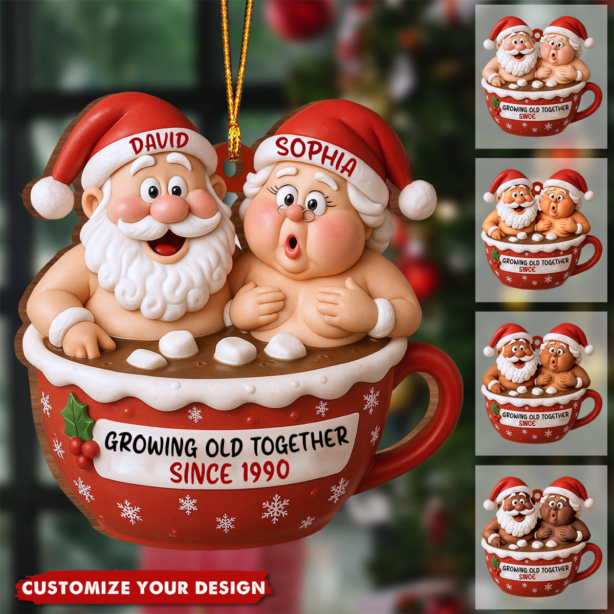 Growing Old Together Santa Claus In Hot Chocolate Cup Personalized Couple Ornament