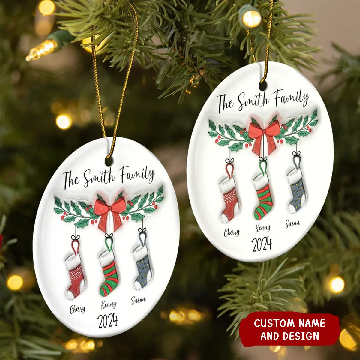 2024 New Release-Family Stocking - 3D Inflated Effect Printed Ornament, Personalized Circle Ceramic Ornament